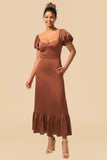 Burgundy Sheath Square Neck Tea-Length Satin Bridesmaid Dress with Ruffles
