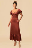 Burgundy Sheath Square Neck Tea-Length Satin Bridesmaid Dress with Ruffles