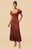Burgundy Sheath Square Neck Tea-Length Satin Bridesmaid Dress with Ruffles