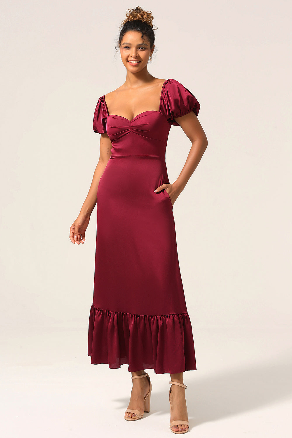 Burgundy Sheath Square Neck Tea-Length Satin Bridesmaid Dress with Ruffles