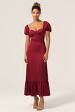 Burgundy Sheath Square Neck Tea-Length Satin Bridesmaid Dress with Ruffles