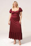 Burgundy Sheath Square Neck Tea-Length Satin Plus Size Bridesmaid Dress with Ruffles