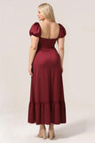 Burgundy Sheath Square Neck Tea-Length Satin Plus Size Bridesmaid Dress with Ruffles