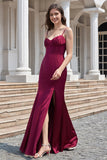 Mermaid Spaghetti Straps Burgundy Bridesmaid Dress with Slit