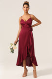 Burgundy Asymmetrical Spaghetti Straps Bridesmaid Dress with Ruffles