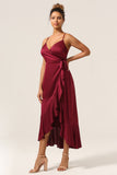 Burgundy Asymmetrical Spaghetti Straps Bridesmaid Dress with Ruffles