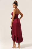 Burgundy Asymmetrical Spaghetti Straps Bridesmaid Dress with Ruffles