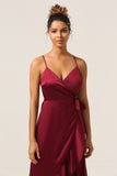 Burgundy Asymmetrical Spaghetti Straps Bridesmaid Dress with Ruffles