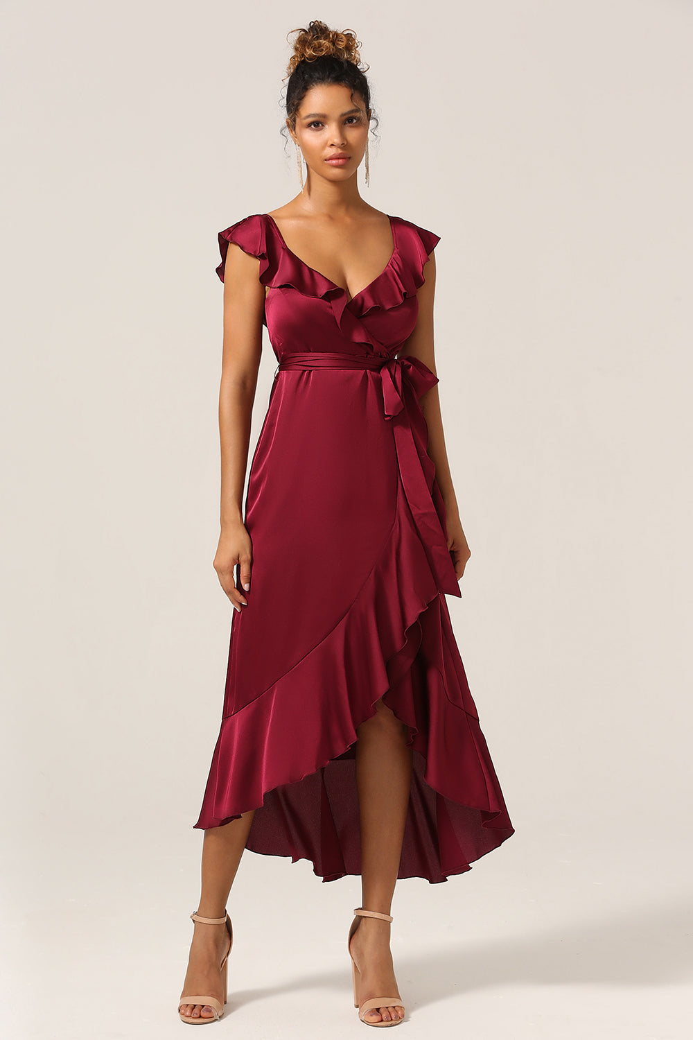 Burgundy Asymmetrical V-Neck Long Bridesmaid Dress with Ruffles