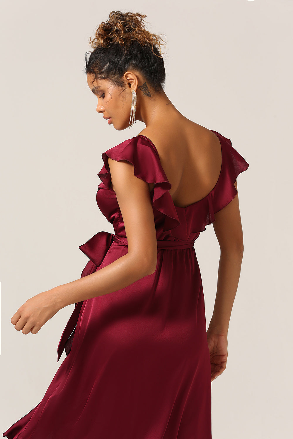 Burgundy Asymmetrical V-Neck Long Bridesmaid Dress with Ruffles