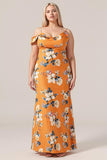 Orange Flower Mermaid Cold Shoulder Cowl Neck Satin Plus Size Bridesmaid Dress
