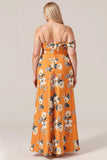 Orange Flower Mermaid Cold Shoulder Cowl Neck Satin Plus Size Bridesmaid Dress