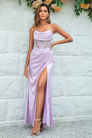 Lilac Mermaid Spaghetti Straps Long Prom Dress with Slit