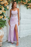 Lilac Mermaid Spaghetti Straps Long Wedding Guest Dress with Slit