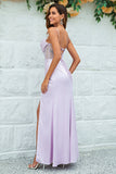 Lilac Mermaid Spaghetti Straps Long Wedding Guest Dress with Slit