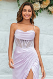 Lilac Mermaid Spaghetti Straps Long Wedding Guest Dress with Slit