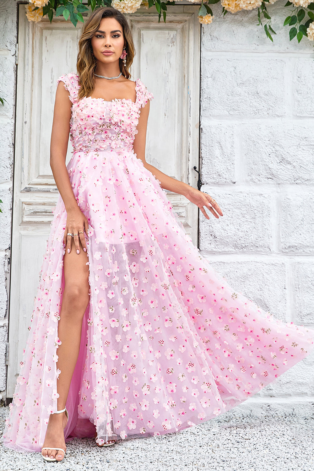 Pink A-line Long Wedding Party Dress with 3D Flowers