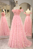 Pink A-line Off The Shoulder Long Prom Dress with 3D Flowers