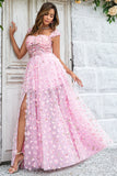 Pink A-line Long Wedding Party Dress with 3D Flowers
