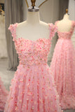 Pink A-line Off The Shoulder Long Prom Dress with 3D Flowers