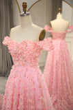 Pink A-line Off The Shoulder Long Prom Dress with 3D Flowers