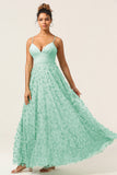 Green A-Line Spaghetti Straps Satin Long Bridesmaid Dress