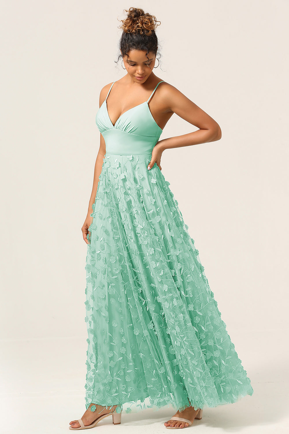 Green A-Line Spaghetti Straps Satin Long Bridesmaid Dress