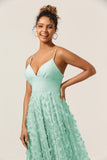 Green A-Line Spaghetti Straps Satin Long Bridesmaid Dress