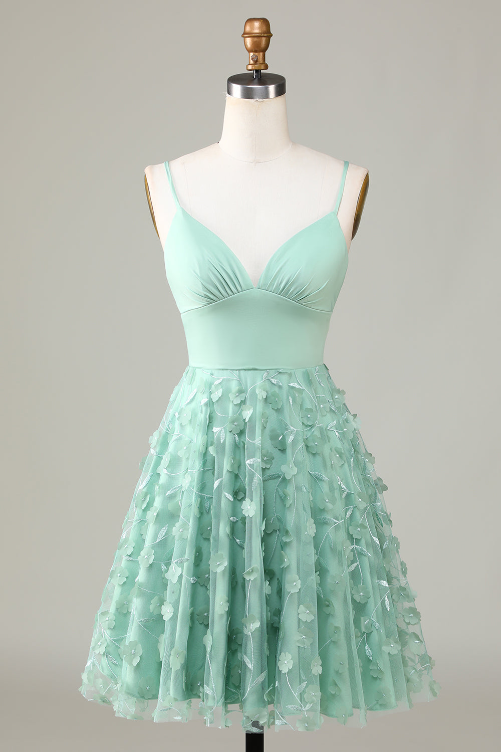 Green A-Line Spaghetti Straps Short Bridesmaid Dress With Appliques