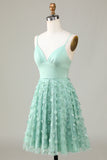 Green A-Line Spaghetti Straps Short Bridesmaid Dress With Appliques