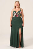 Dark Green A-Line Spaghetti Straps Plus Size Chiffon Bridesmaid Dress with 3D Flowers