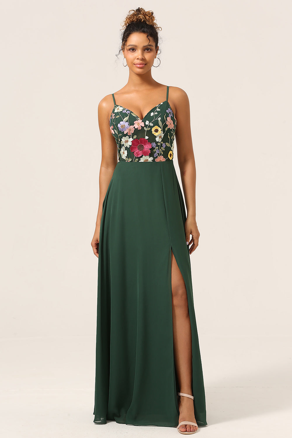 Dark Green A-Line Spaghetti Straps Chiffon Bridesmaid Dress with 3D Flowers