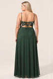Dark Green A-Line Spaghetti Straps Plus Size Chiffon Bridesmaid Dress with 3D Flowers