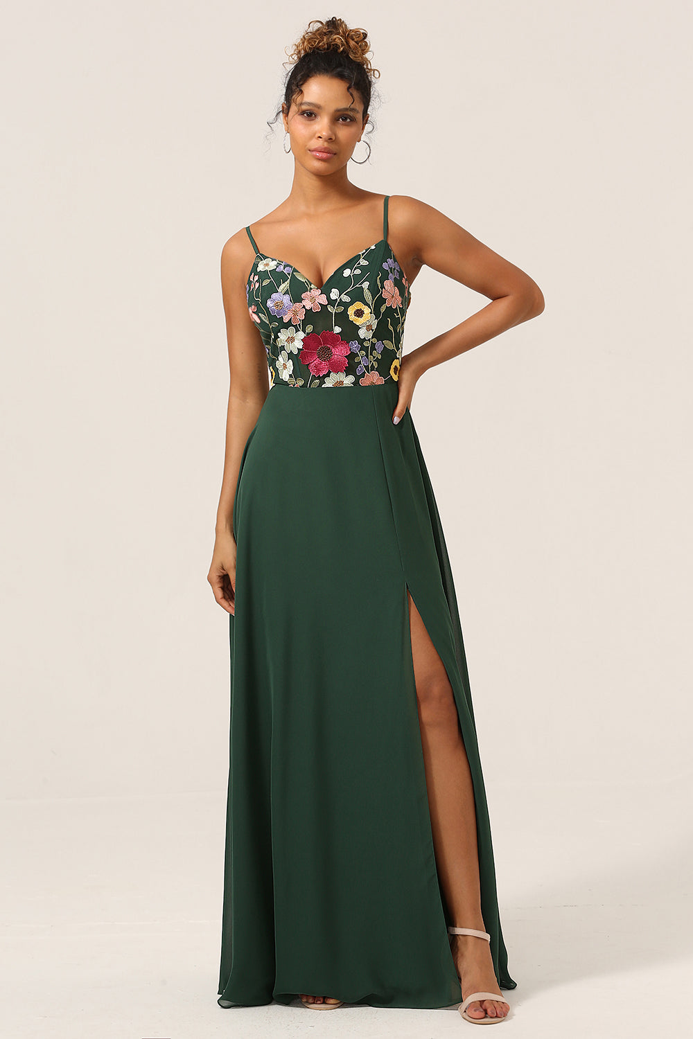 Dark Green A-Line Spaghetti Straps Chiffon Bridesmaid Dress with 3D Flowers
