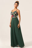 Dark Green A-Line Spaghetti Straps Chiffon Bridesmaid Dress with 3D Flowers