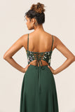 Dark Green A-Line Spaghetti Straps Chiffon Bridesmaid Dress with 3D Flowers