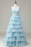 A-Line Blue Flower Spaghetti Straps Tiered Floor Length Dress