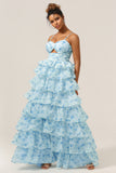 Blue Flower A-Line Spaghetti Straps Tiered Floor Length Bridesmaid Dress
