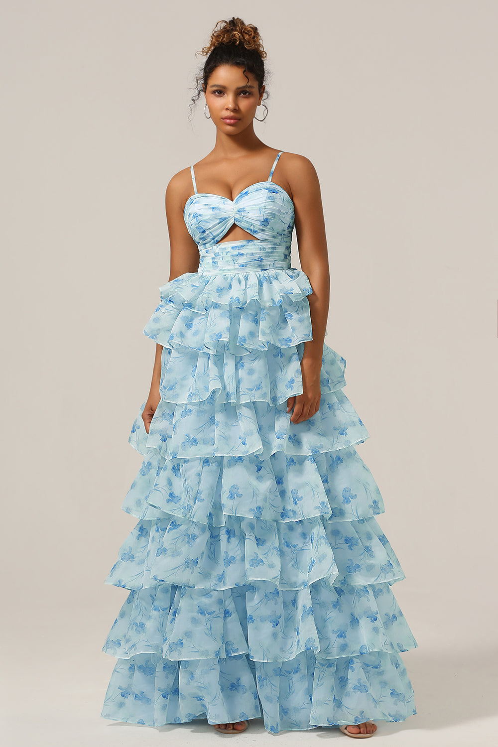 Blue Flower A-Line Spaghetti Straps Tiered Floor Length Bridesmaid Dress