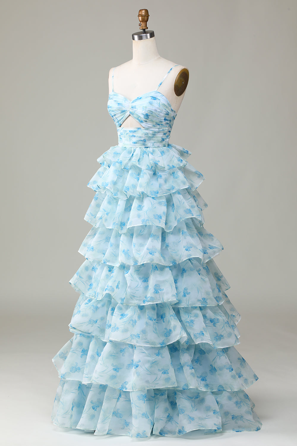 A-Line Blue Flower Spaghetti Straps Tiered Long Prom Dress