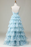 A-Line Blue Flower Spaghetti Straps Tiered Long Prom Dress