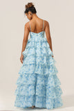 Blue Flower A-Line Spaghetti Straps Tiered Floor Length Bridesmaid Dress