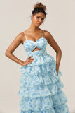 Blue Flower A-Line Spaghetti Straps Cut Out Tiered Print Floral Floor Length Dress