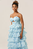Blue Flower A-Line Spaghetti Straps Cut Out Tiered Print Floral Floor Length Dress