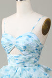 Blue Flower Princess Spaghetti Straps Cut Out Tiered Floor Length Dress