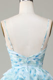 Blue Flower Princess Spaghetti Straps Cut Out Tiered Floor Length Dress