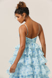 Blue Flower A-Line Spaghetti Straps Cut Out Tiered Print Floral Floor Length Dress
