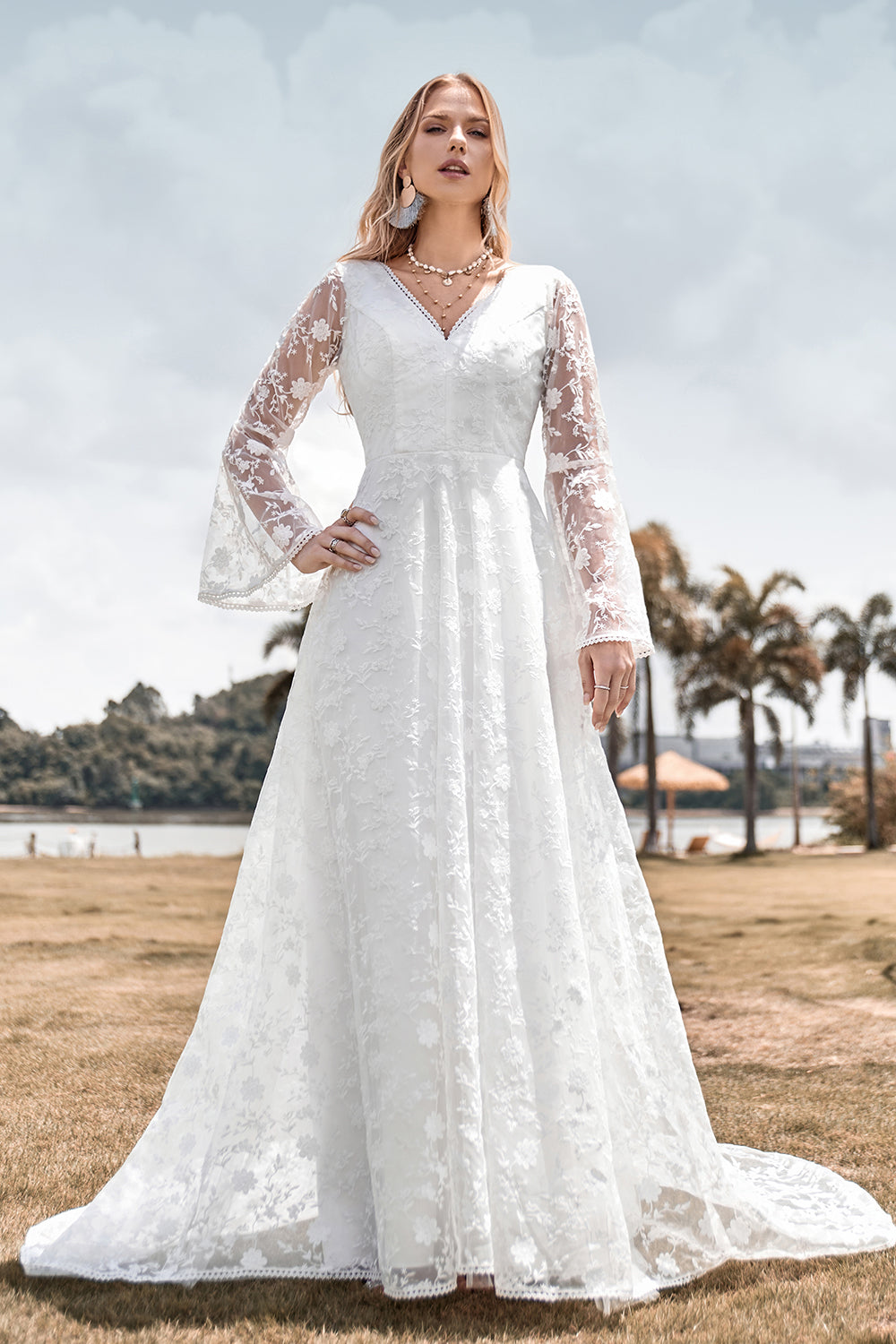 Ivory A-Line Lace Flare Sleeves Wedding Dress