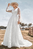 Ivory A-Line Lace Flare Sleeves Wedding Dress