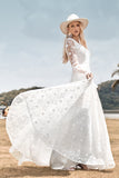 Ivory A-Line Lace Flare Sleeves Wedding Dress